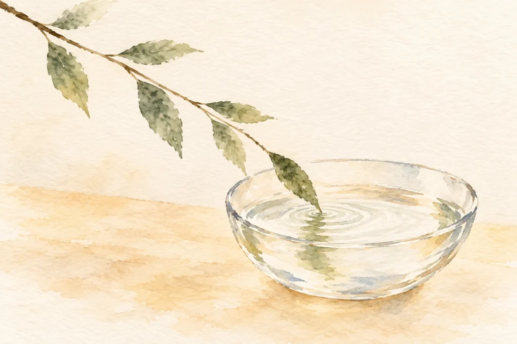KI-Illustration: eine ruhige Glasschale mit Wasser, ein einzelner Blattzweig und sanfte Wellenringe.