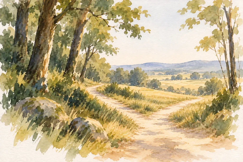 KI-Illustration: ein Weg teilt sich zwischen Bäumen in zwei Richtungen und führt in eine sonnige Landschaft.