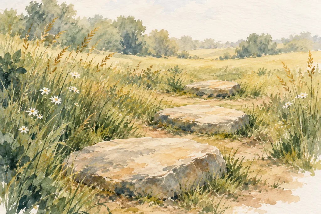 KI-Illustration: drei Trittsteine führen durch eine Sommerwiese in eine offene Landschaft.