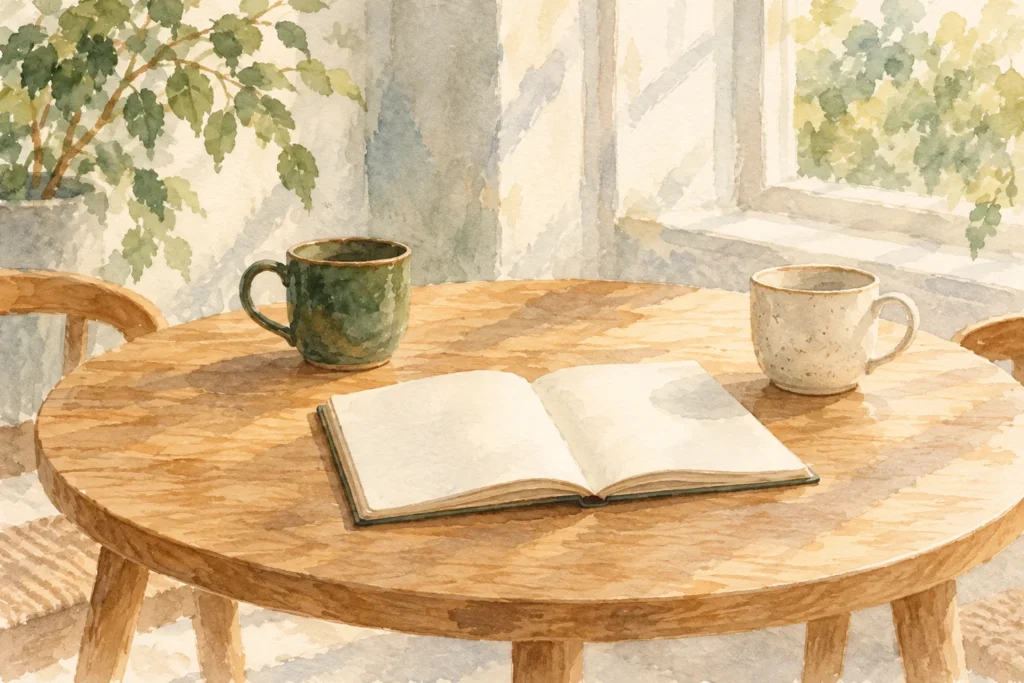 KI-Illustration: zwei Tassen und ein offenes, leeres Notizbuch auf einem runden Tisch als Sinnbild für ein klärendes Gespräch.